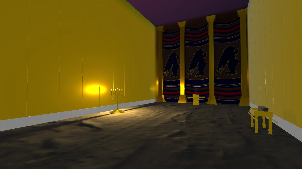 Interior del Lugar Santo con candelabro, mesa y velo en la demo legacy
