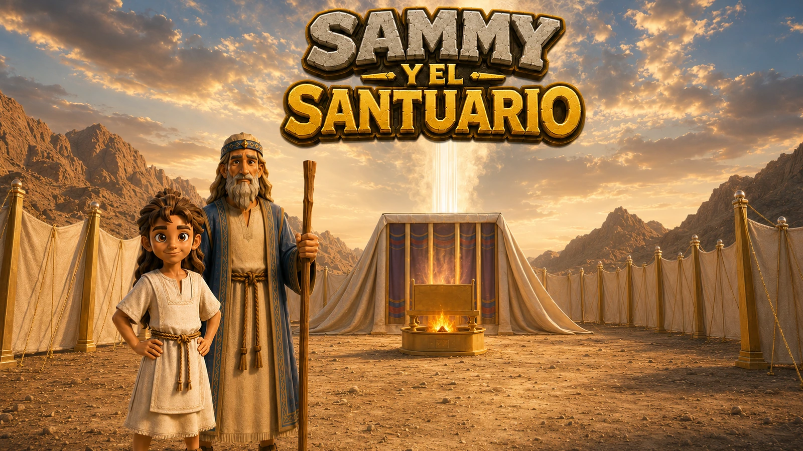 Arte de Sammy y el Santuario con Sammy y el sacerdote Elí frente al Santuario